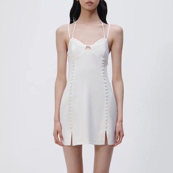 NWT SIMKHAI Eilish button-embellished crepe halterneck mini dress Ivory Size 12 - Picture 1 of 15